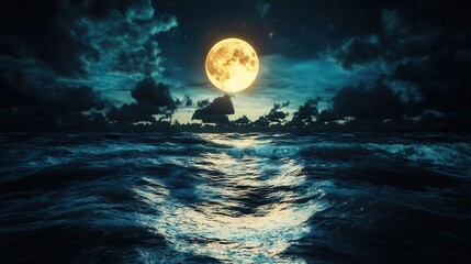 Fototapeta premium Full moon shining brightly over a dark, wavy sea with clouds in the sky.
