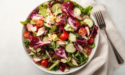 A bowl of salad with lettuce, tomatoes, and cucumbers