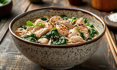 A bowl of soup with chicken and spinach