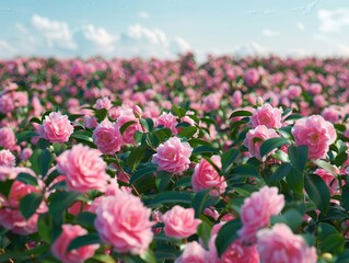 Obraz premium Pink Camellia Flowers in Bloom Against a Blue Sky
