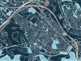 Painterly Style City Map of Cerdanyola del Valles, Spain in a Blue Color Scheme.