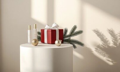 A red box with a white bow sits on a white table