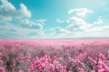 Obraz premium Pink Flower Field Under a Blue Sky with Clouds