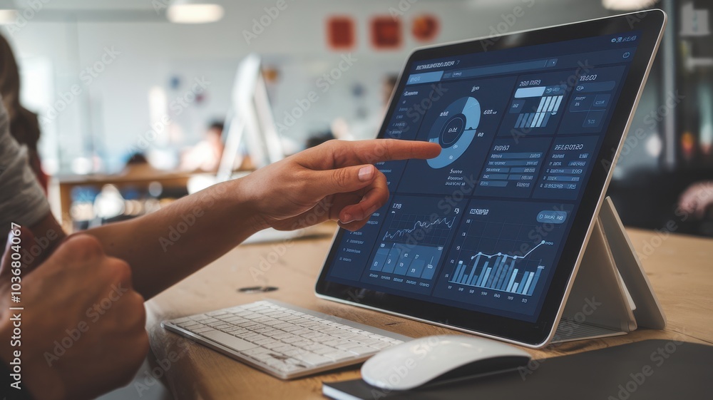 Poster person analyzing data on modern tablet, office environment with charts and graphs.