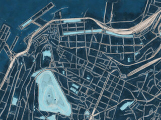 Painterly Style City Map of Vigo Centro, Spain in a Blue Color Scheme.