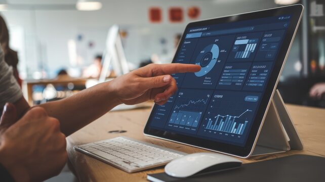Person analyzing data on modern tablet, office environment with charts and graphs.
