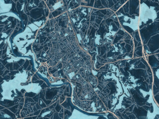 Painterly Style City Map of Lugo, Spain in a Blue Color Scheme.