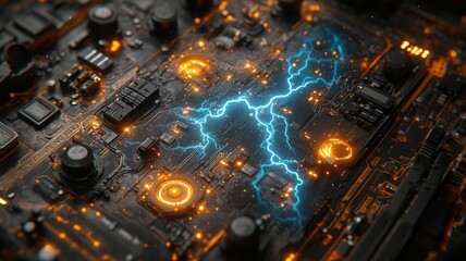 Fototapeta premium Circuit board with electric effects and glowing elements.