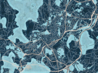 Painterly Style City Map of Santiago de Compostella, Spain in a Blue Color Scheme.