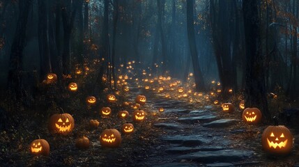 Pumpkin Forest Path, a dark forest path lined with dozens of glowing Jack-o'-lanterns