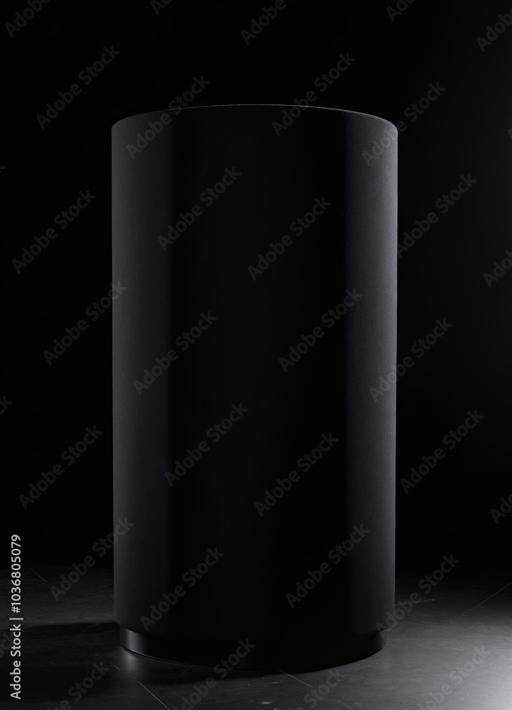 Poster tall cylindrical object in a dark, minimalist setting. the matte black surface and subtle lighting c