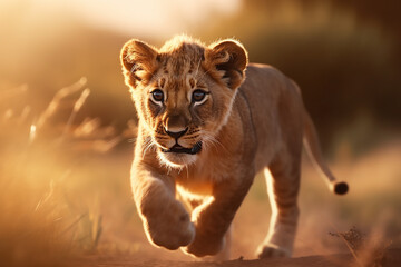 A lion cub pounces golden fur rippling