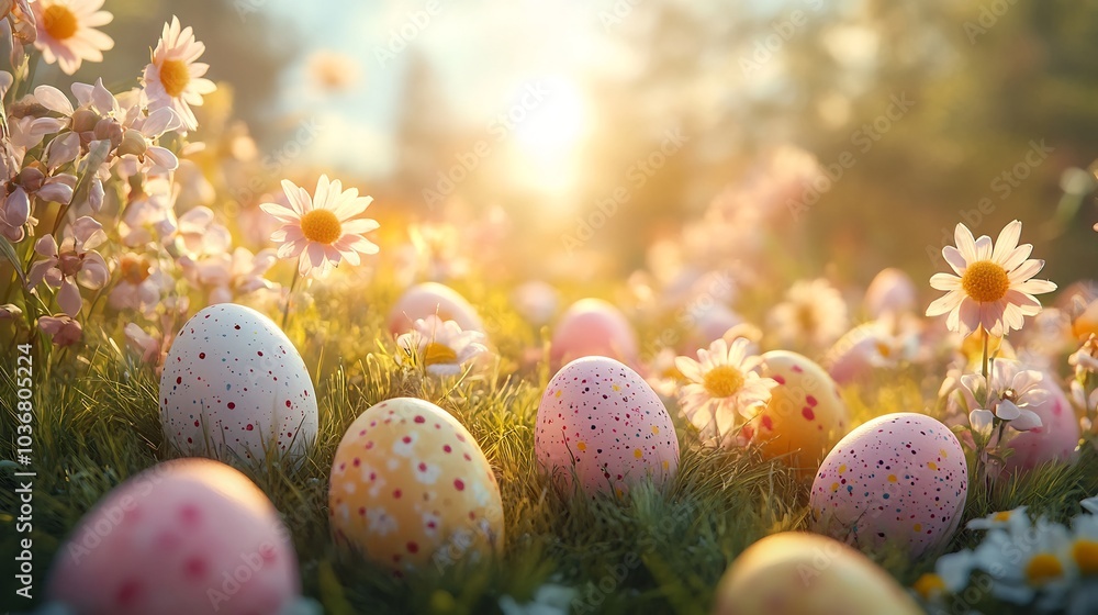 Poster bright joyful happy easter background featuring a beautiful array of pastel eggs nestled in soft gra