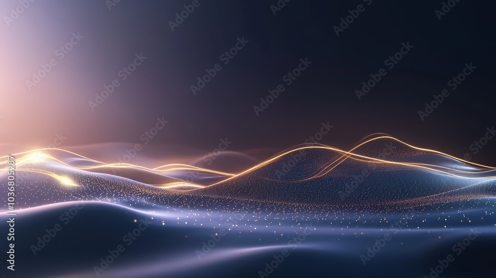 Poster a serene abstract landscape featuring flowing waves of light against a dark backdrop, creating a sen