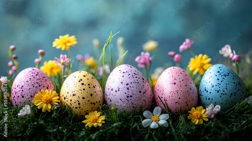 Poster bright joyful happy easter background featuring a beautiful array of pastel eggs nestled in soft gra