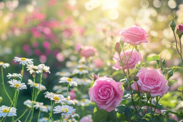 Pink Roses and White Daisies in a Sunny Garden