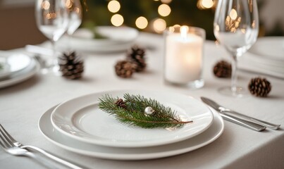 A table with a white tablecloth and a plate with a pine branch on it