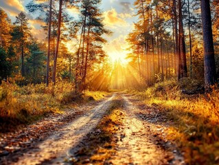 A dirt road winds through a golden autumn forest, bathed in the warm glow of a setting sun. Rays of light pierce through the trees, creating a magical atmosphere.