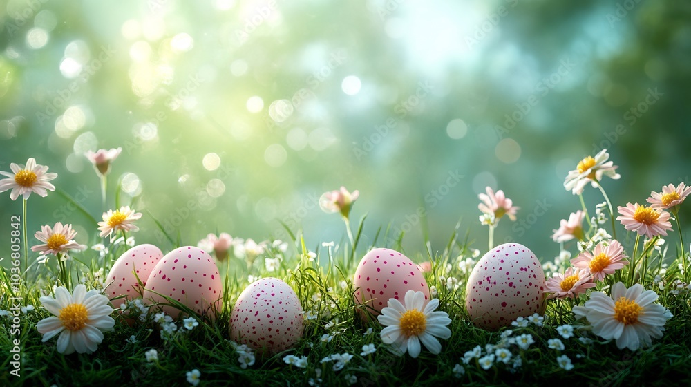 Poster bright joyful happy easter background featuring a beautiful array of pastel eggs nestled in soft gra