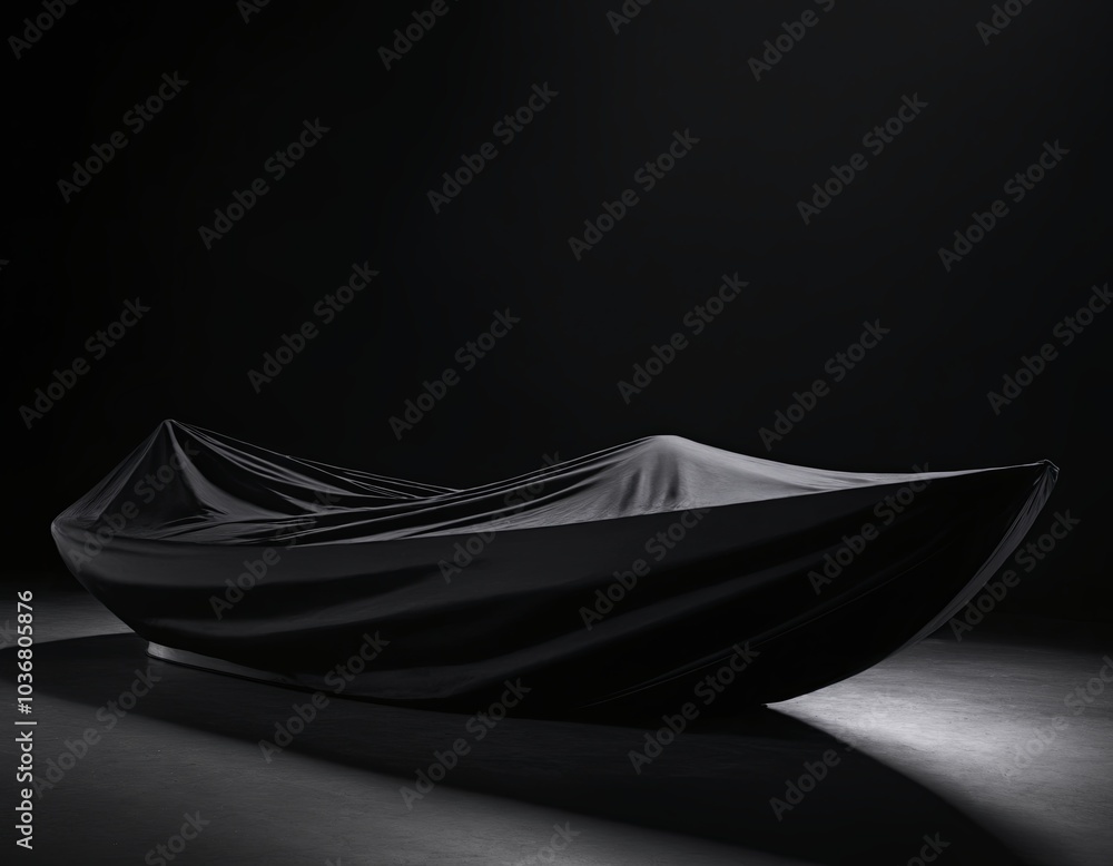 Poster sleek black object draped in smooth fabric against a dark background. the flowing lines and folds cr
