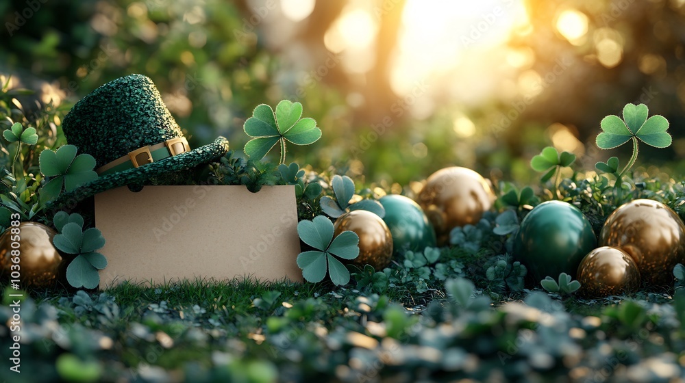 Poster bright arrangement an empty paper banner embellished with gold and green elements a quirky hat and a