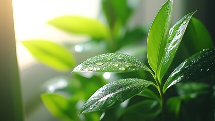 Fototapeta premium Close-up of green leaves with water droplets.