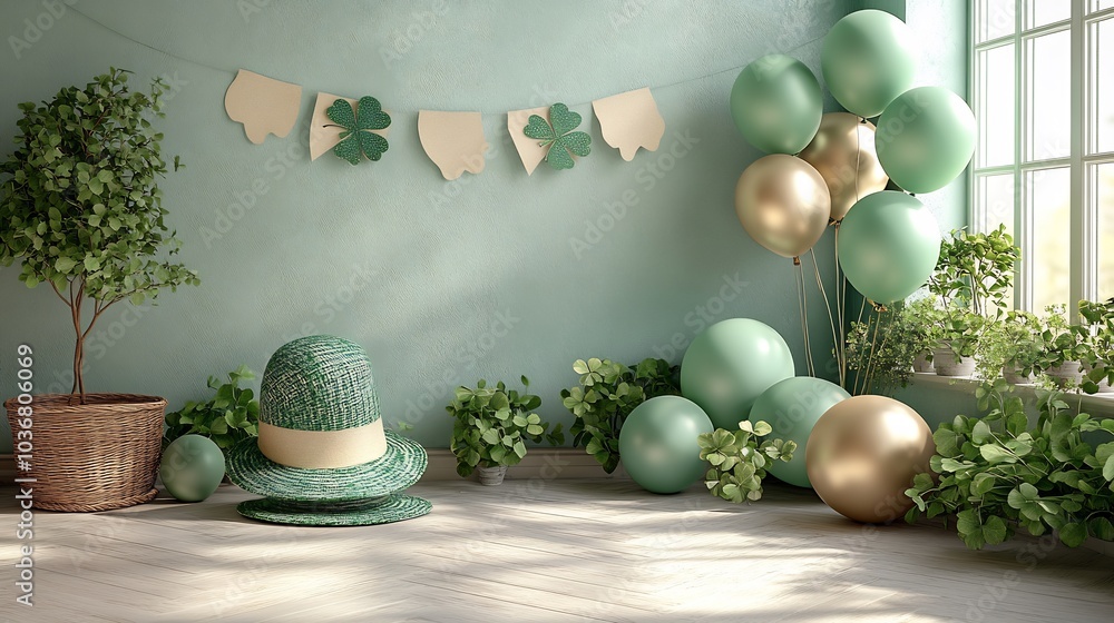 Poster bright arrangement an empty paper banner embellished with gold and green elements a quirky hat and a