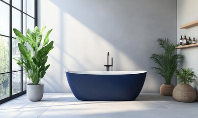 Fototapeta premium A blue bathtub sits in a bathroom with a large window and a potted plant
