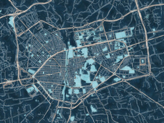 Painterly Style City Map of Elche, Spain in a Blue Color Scheme.