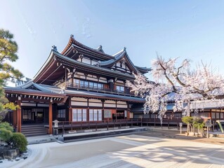 Fototapeta premium Serene Japanese Temple Garden with Cherry Blossoms