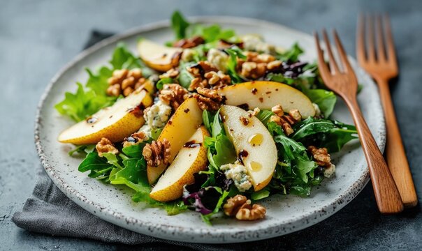 A salad with walnuts and blue cheese on a white plate