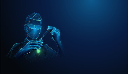 Abstract illustration of low poly doctor developing innovative vaccine or drug. Blue geometric background depicting biotechnology scientific research medical concept by wireframe connection structure