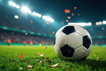 Fototapeta premium Soccer Ball on Green Field in Stadium at Night