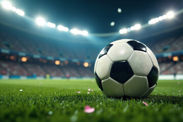 Soccer Ball on Green Field in Stadium at Night
