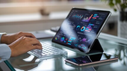 Person typing on tablet with data visualization graphics in modern workspace