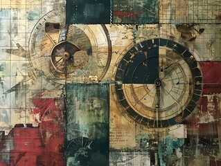 Abstract Collage with Vintage Clock and Compass Elements