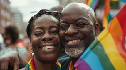 Joyful couple and friends posing with smiles and a rainbow flag in celebration of LGBTQ pride and support for the community