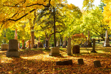 Old tombstones and monuments in the 1849 protestant Mount Hermon Cemetery seen during a golden hour...