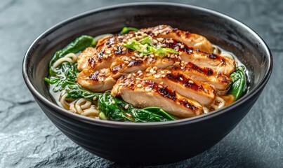 A bowl of chicken and spinach soup