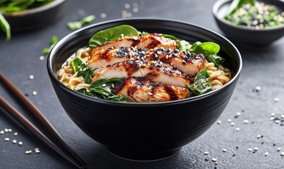 A bowl of chicken and spinach noodles with sesame seeds