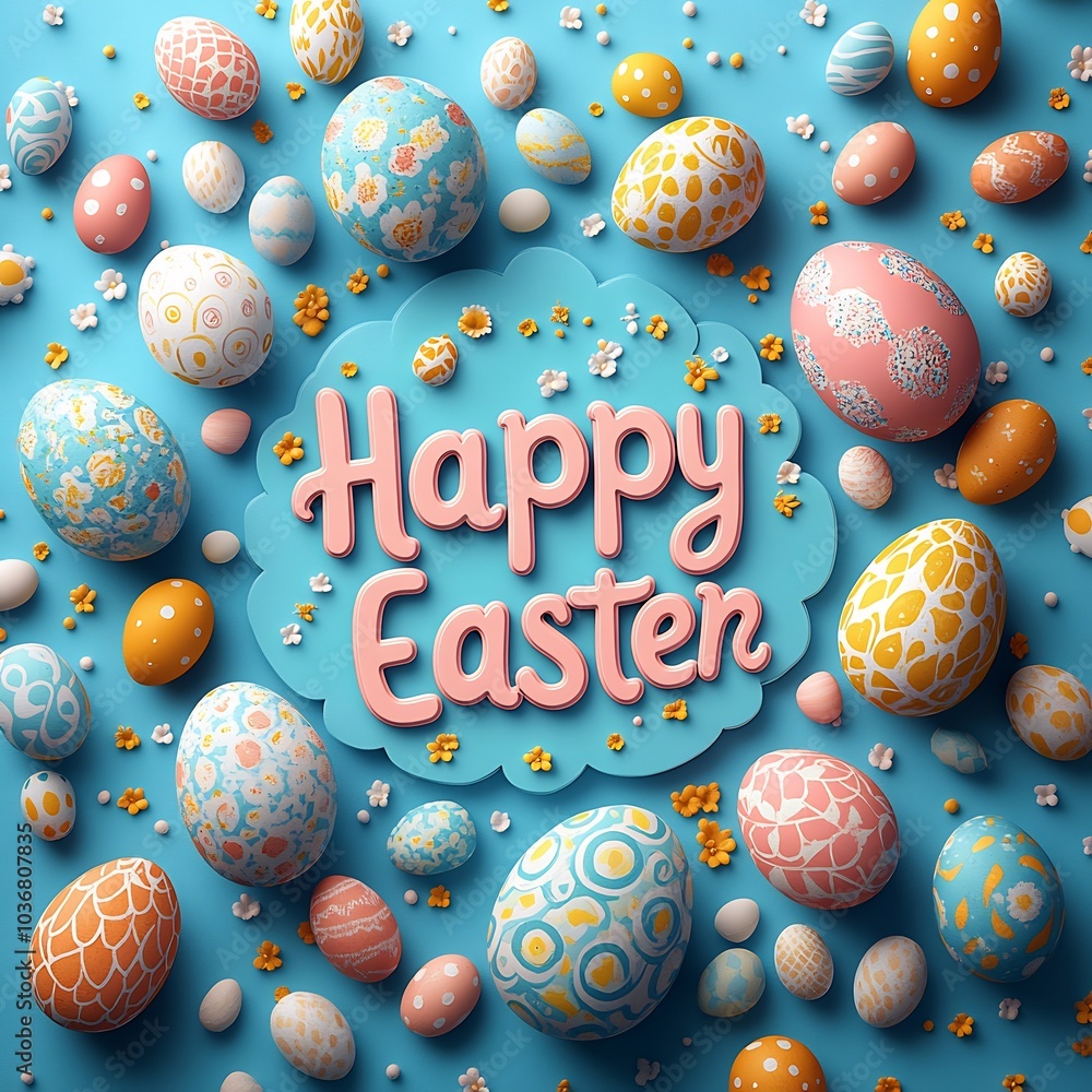 Poster bright happy easter greeting text surrounded 3d eggs with intricate patterns in pastel colors creati