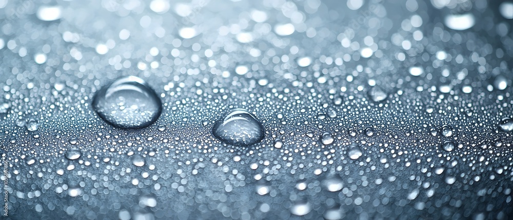 Poster close-up of water droplets on a smooth surface, showcasing various sizes and intricate patterns, cre