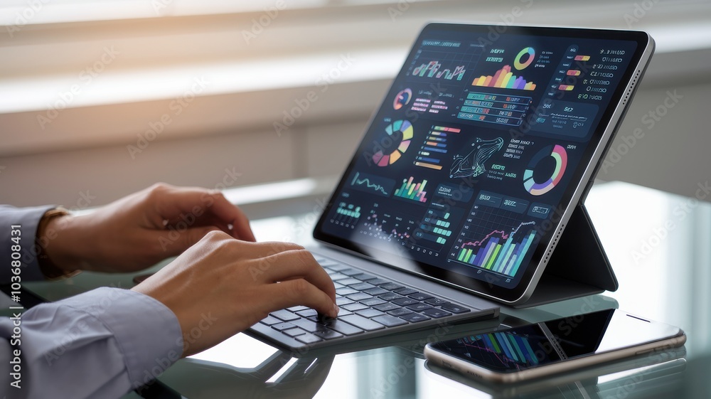Poster person using tablet to analyze data on a modern laptop with graphs and charts.
