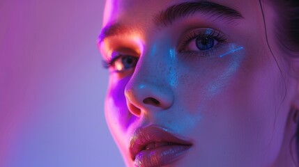 Portrait and mockup of a woman against a purple backdrop in a studio, showcasing half of her face while undergoing skin scanning for beauty enhancement or transformation