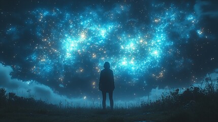Fototapeta premium Person silhouette gazing at starry night sky in mystical landscape International Astrology Day