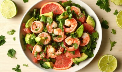 A bowl of shrimp and avocado salad with a side of lime