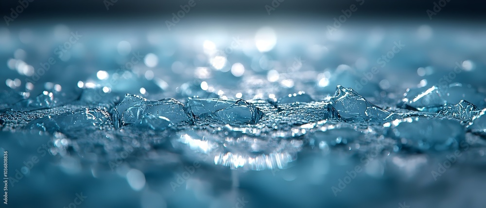 Poster close-up of sparkling ice cubes on a reflective surface, creating a cool, refreshing atmosphere with