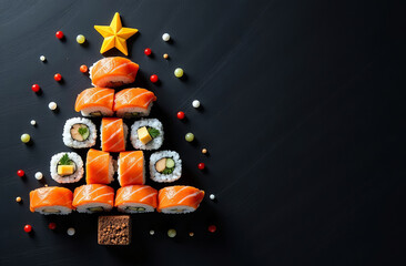 A creative sushi platter is arranged in the shape of a Christmas tree on a black slate background.  Copy space.