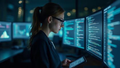 A woman in a dark room reviewing data on several computer monitors, deeply focused on her analysis.