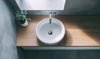 Fototapeta premium A sink sits on a wooden countertop in a bathroom